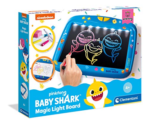 Clementoni-18617 - Baby Shark - Pizarra mágica con luz - pizarra infantil con luz a partir de 4 años