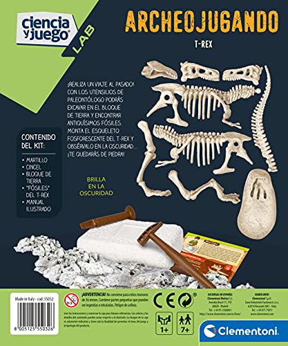 Clementoni-55032 - Arqueojugando T-Rex fosforescente - juego científico para excavar y montar dinosaurios a partir de 7 años