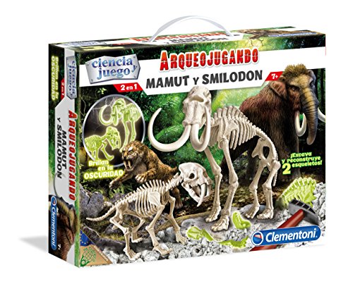 Clementoni-55053 - Arqueojugando Mamut y Smilodon fosforescente - juego científico para excavar y montar dinosaurios a partir de 7 años