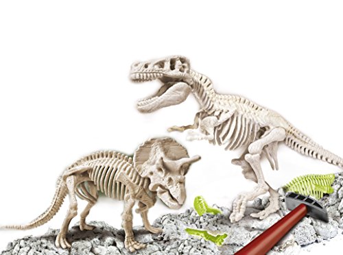 Clementoni-55054 - Arqueojugando T-Rex y Triceratops fosforescente - juego científico para excavar y montar dinosaurios a partir de 7 años