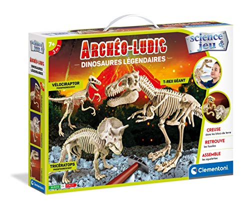 Clementoni- Archéo Ludic - Juego científico de Dinosaurios legendarios - Kit fósiles - Fabricado en Italia - versión Francesa, 7 años en adelante, Multicolor (52491)