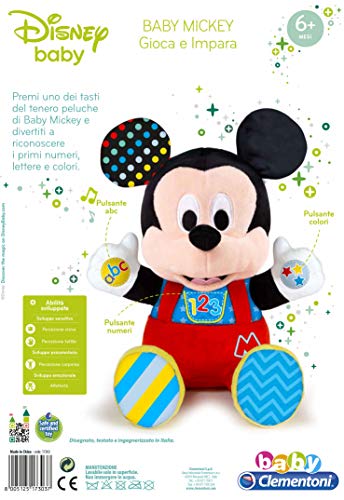 Clementoni - Disney Baby Mickey Juega y aprende - Peluche parlante, Multicolor, estándar, 17303