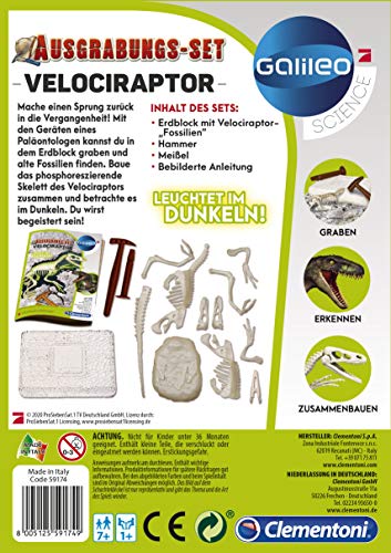 Clementoni- Galileo Science Juego Velociraptor, Juguete para niños a Partir de 7 años, excavación de ossilios de Dinosaurios con Martillo y cincel, para pequeños investigadores (59174)