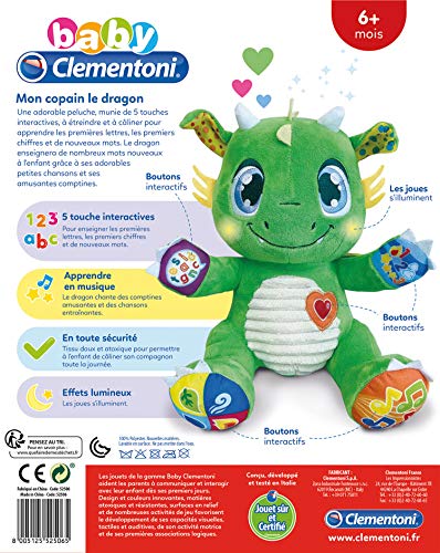 Clementoni-Mon Copain Le Dragón - Peluche Interactivo para bebé, versión Francesa, 6 Meses y más, 52506, Multicolor