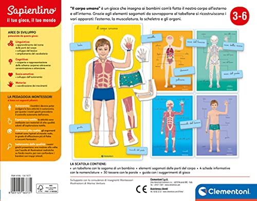 Clementoni- Sapientino Montessori 3 años, Juego Educativo Cuerpo Humano, anatomía y Desarrollo lenguaje – Fabricado en Italia, Multicolor (16373)