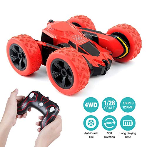 Coche teledirigido 4WD RC coche mando a distancia 360° rotación Acrobática RC Stunt Car mando a distancia, 1:28/2.4GHZ Coche teledirigido para niños juguetes – Rojo (batería no incluida)