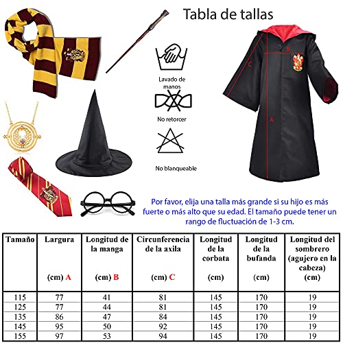 Cogio Disfraz de Mago Harry para niños, Incluye: Varita, Sombrero, Gafas, Corbata, Capa, medallón, Bufanda, 135 CM