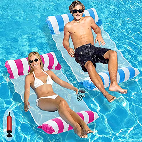 Colchoneta Piscina, Multifuncional 4 en 1 Verano Hamaca Piscina, Plegable Portátil Colchonetas Piscina para Adultos, Hamaca Flotante Piscina te da un Verano Fresco (Azul Oscuro, Rojo Rosa)