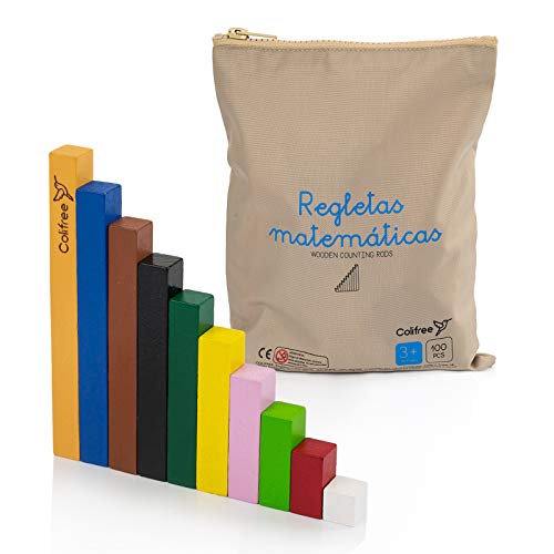 Colifree - Regletas matematicas, código de Color Cuisenaire, de Madera, en Bolsa, 10 x 10