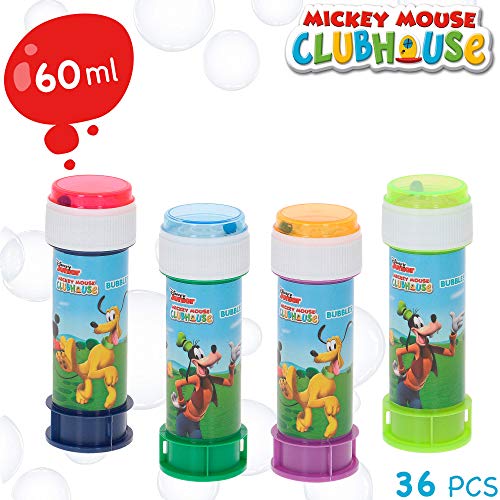 ColorBaby - Caja 36 pomperos, pompero Mickey Mouse, 60 ml, pomperos de jabón, pomperos infantiles, pomperos para niños cumpleaños, juguetes Mickey Mouse, Goofy, Pluto, Donald