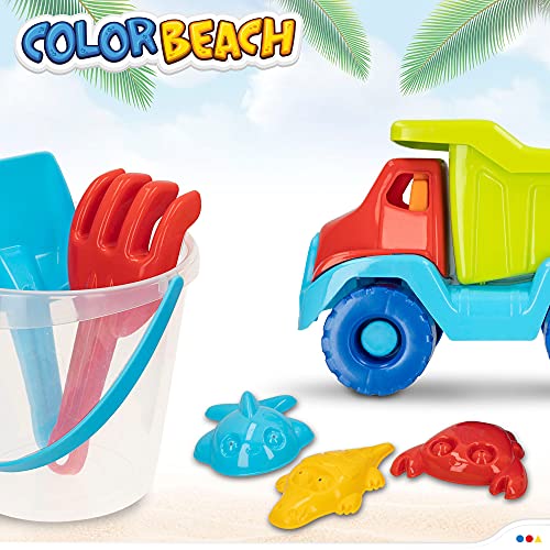 ColorBaby - Juguetes de playa para niños, bolsa juguetes playa, cubo arena, diámetro 18 cm, cedazo, pala, rastrillo, regadera, camión, moldes arena, +18mese (49273)