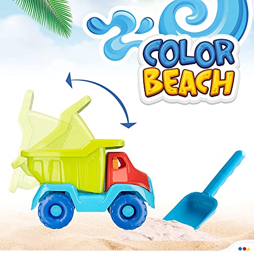 ColorBaby - Juguetes de playa para niños, bolsa juguetes playa, cubo arena, diámetro 18 cm, cedazo, pala, rastrillo, regadera, camión, moldes arena, +18mese (49273)