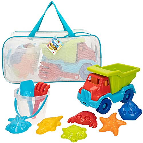 ColorBaby - Juguetes de playa para niños, bolsa juguetes playa, cubo arena, diámetro 18 cm, cedazo, pala, rastrillo, regadera, camión, moldes arena, +18mese (49273)