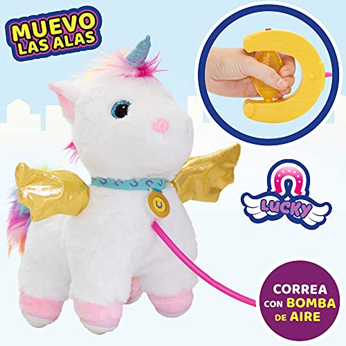 ColorBaby- Lucky Peluche, Sprint, Correa con Bomba de Aire, Andador, niñas Interactivo, Unicornio con Sonidos, A Partir de los 18 Meses, Incluye Pilas (46676), Multicolor