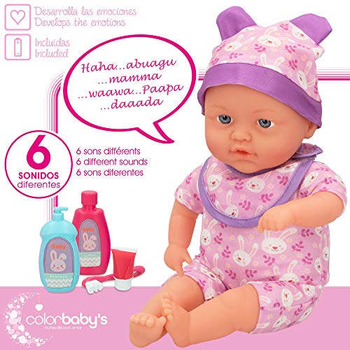 ColorBaby - Muñeco bebé blandito, con sonido y accesorios, con pijama, Muñeco 31 cm, Muñeco bebe recién nacido, Accesorios para bebes de juguete, a partir de 24 meses, colorbaby's (46541)