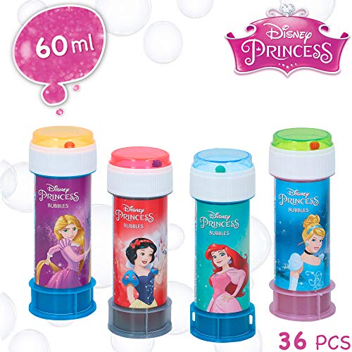 ColorBaby - Pack 36 pomperos infantiles, pomperos Princesas Disney, 60 ml, juguetes Princesas Disney, decoración cumpleaños, fiesta princesas, juguetes Disney