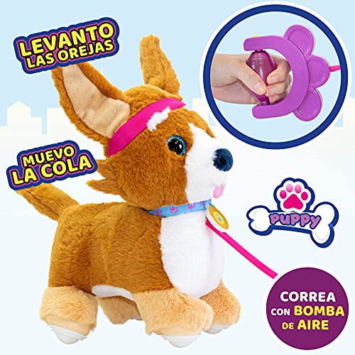 ColorBaby- Puppy Peluche, Sprint, Correa con Bomba de Aire, Perro Sonido, Levanta Orejas y colita, Perritos de Juguete Que andan, A Partir de los 18 Meses, Incluye Pilas (46675), Multicolor