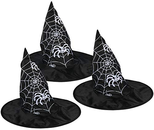 com-four® 3X Sombrero de Bruja para Disfraz de Bruja - Sombrero de Mago Ideal para Carnaval, Fiesta de Disfraces, Halloween (03 Piezas - Sombrero telaraña)