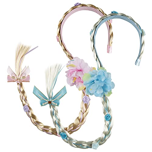 Comius Sharp Pelucas de Niña Cuerda de Pelo 2 Piezas Rapunzel Princesa Diadema Peluca Accesorios de Vestir Niñas Peluca Trenzas Regalo Infantil para Fiesta de Cumpleaños Con Flores Artificiales