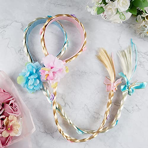 Comius Sharp Pelucas de Niña Cuerda de Pelo 2 Piezas Rapunzel Princesa Diadema Peluca Accesorios de Vestir Niñas Peluca Trenzas Regalo Infantil para Fiesta de Cumpleaños Con Flores Artificiales