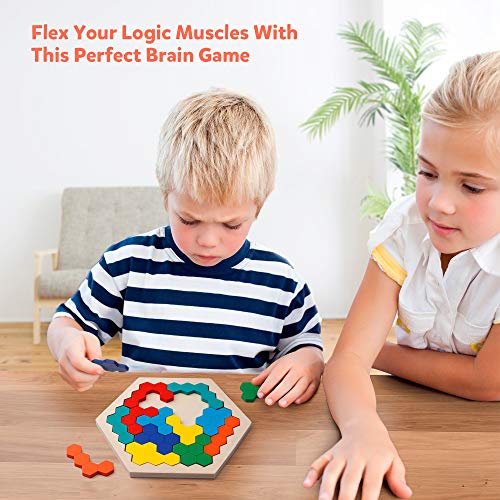 Coogam De Madera Hexágono Rompecabezas - Bloque de Forma Tangram Rompecabezas Juguete Geometría Lógica IQ Juego Stem Montessori Regalo Educativo para Todas Las Edades Desafío