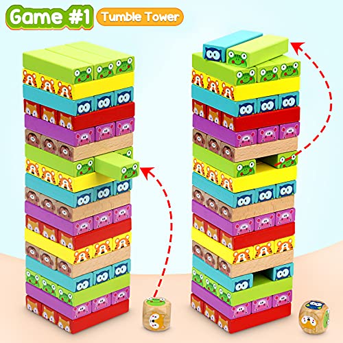 COOJOMMY Torre de Bloques Infantil, Torre de Madera Niños con Colores y Animales, Juegos de Mesa para Niños, Jenga 4 en 1, Juego de Construcción 54 Piezas