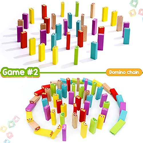 COOJOMMY Torre de Bloques Infantil, Torre de Madera Niños con Colores y Animales, Juegos de Mesa para Niños, Jenga 4 en 1, Juego de Construcción 54 Piezas