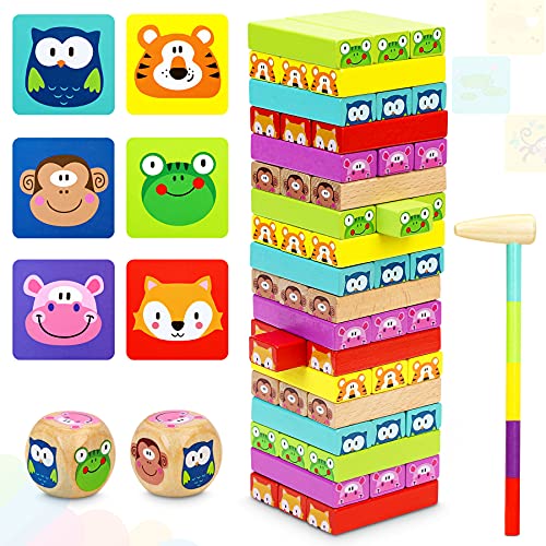 COOJOMMY Torre de Bloques Infantil, Torre de Madera Niños con Colores y Animales, Juegos de Mesa para Niños, Jenga 4 en 1, Juego de Construcción 54 Piezas