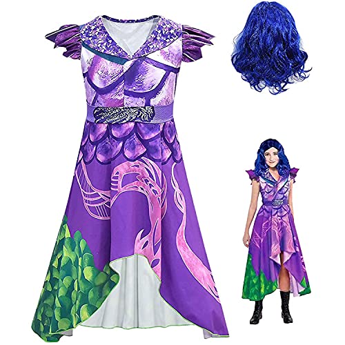 CPAI Disfraz de Descendants 3 para niños, Disfraz de dragón Mal Elegante con Guantes de Peluca o Sombrero, Traje de Cosplay de Fiesta de Halloween para niñas,Púrpura,140cm