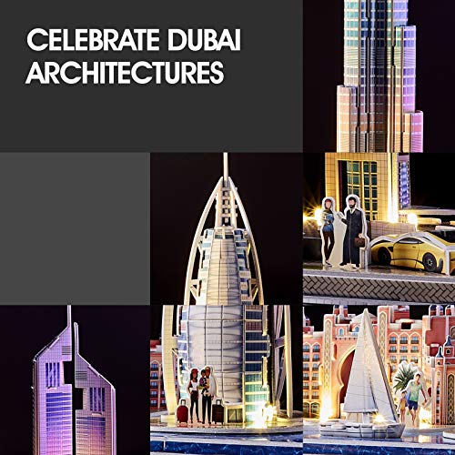 CubicFun Puzzle 3D LED Dubai Cityline Maquetas para Construir Adultos Kits de Construcción de Iluminación, Atlantis The Palm Dubai, Hotel Burj Al Arab Jumeirah, Burj Khalifa, Torres de los Emiratos