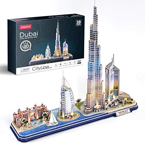 CubicFun Puzzle 3D LED Dubai Cityline Maquetas para Construir Adultos Kits de Construcción de Iluminación, Atlantis The Palm Dubai, Hotel Burj Al Arab Jumeirah, Burj Khalifa, Torres de los Emiratos