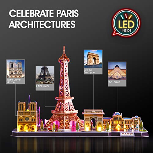 CubicFun Puzzle 3D LED París Cityline Maquetas para Construir Adultos Puzzles en 3D Kits de Construcción de Iluminación para Niños 8+, Torre Eiffel, Notre Dame de París, El Louvre, Arco del Triunfo