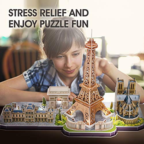 CubicFun Puzzle 3D LED París Cityline Maquetas para Construir Adultos Puzzles en 3D Kits de Construcción de Iluminación para Niños 8+, Torre Eiffel, Notre Dame de París, El Louvre, Arco del Triunfo