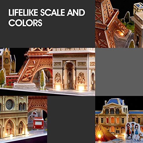 CubicFun Puzzle 3D LED París Cityline Maquetas para Construir Adultos Puzzles en 3D Kits de Construcción de Iluminación para Niños 8+, Torre Eiffel, Notre Dame de París, El Louvre, Arco del Triunfo