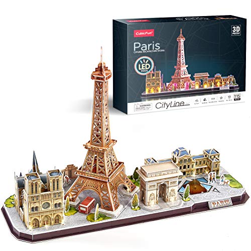 CubicFun Puzzle 3D LED París Cityline Maquetas para Construir Adultos Puzzles en 3D Kits de Construcción de Iluminación para Niños 8+, Torre Eiffel, Notre Dame de París, El Louvre, Arco del Triunfo