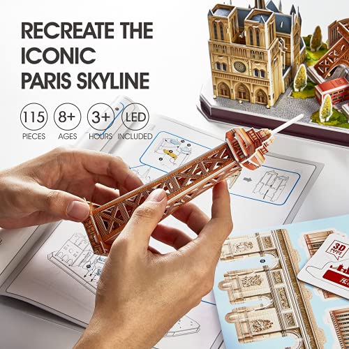 CubicFun Puzzle 3D LED París Cityline Maquetas para Construir Adultos Puzzles en 3D Kits de Construcción de Iluminación para Niños 8+, Torre Eiffel, Notre Dame de París, El Louvre, Arco del Triunfo