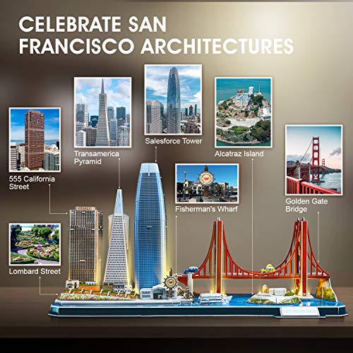 CubicFun Puzzle 3D LED San Francisco Cityline Maquetas para Construir Adultos Niños Kits de Construcción de Iluminación, El Puente Golden Gate, 555 Calle California y Otros Monumentos de SF