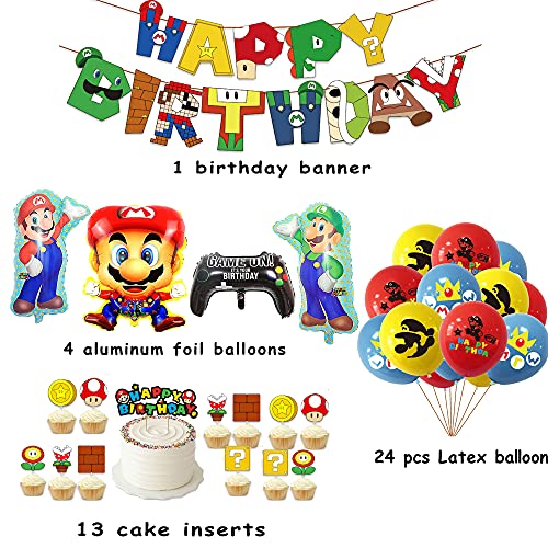 Cumpleaños Globos de Super Mario Banner de Cumpleaños de Super Mario Adornos para Pastel Mario Bros Globos de Aluminio de Mario Bros para Niñas Niños Decoraciones para Fiestas de Cumpleaños