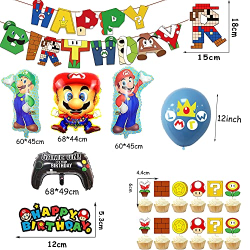 Cumpleaños Globos de Super Mario Banner de Cumpleaños de Super Mario Adornos para Pastel Mario Bros Globos de Aluminio de Mario Bros para Niñas Niños Decoraciones para Fiestas de Cumpleaños