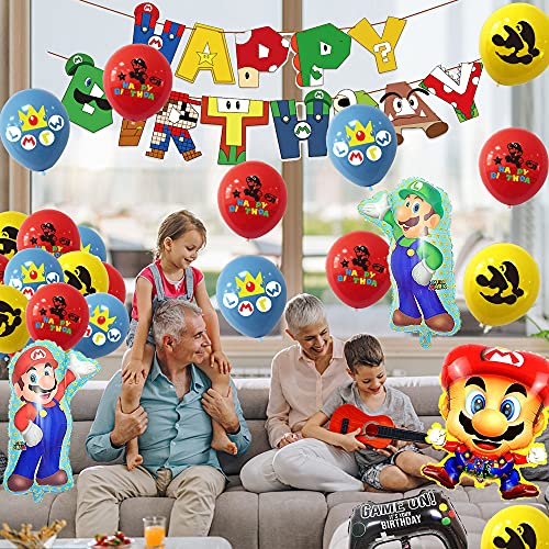 Cumpleaños Globos de Super Mario Banner de Cumpleaños de Super Mario Adornos para Pastel Mario Bros Globos de Aluminio de Mario Bros para Niñas Niños Decoraciones para Fiestas de Cumpleaños