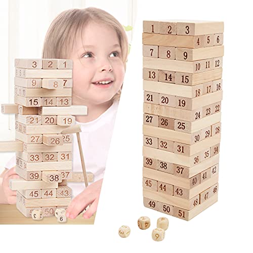 CUTULAMO Juguete clásico para Barras, Bloques de Madera, Juguetes apilables, promoción de la Amistad, Bloques de construcción de Torres, 4 Dados + 51 Bloques de Madera para Juegos Entre Padres e