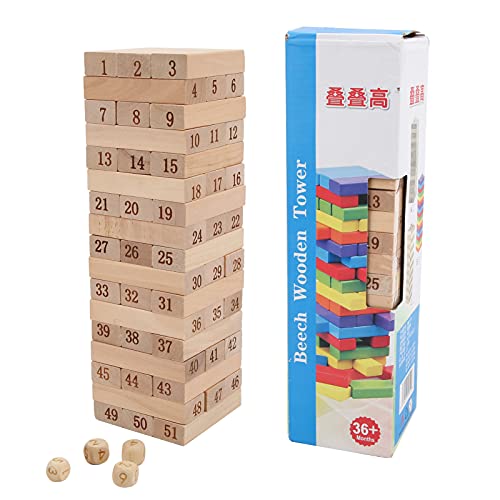 CUTULAMO Juguete clásico para Barras, Bloques de Madera, Juguetes apilables, promoción de la Amistad, Bloques de construcción de Torres, 4 Dados + 51 Bloques de Madera para Juegos Entre Padres e