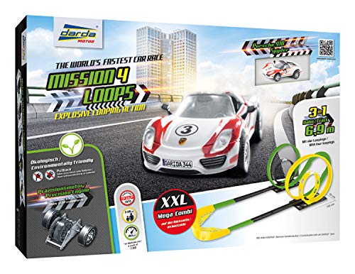 Darda Pista Mission 4 Loops, Circuito Aprox. 6,90 Metros, Tren con 4 bucles, 1 Curva y 1 Coche de Carreras, Juego para niños a Partir de 5 años. (SIMM Spielwaren GmbH 50255)