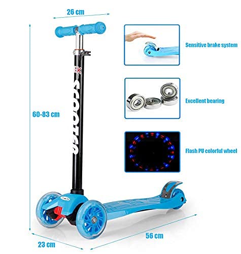 Darsen Patinete niño à Partir de 3 à 12 ANS-con Led Luces Altura Ajustable Desde 73-83CM con Freno Trasero Estable para un Uso Seguro por Parte de los niños