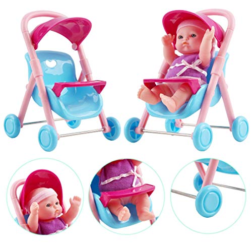 deAO Colección de Muñecas Bebé Tamaño Mini (13cm) y Accesorios Conjunto Incluye 8 Muñecas, Bañera, Trona, Carrito, Cuna, Andador y Más