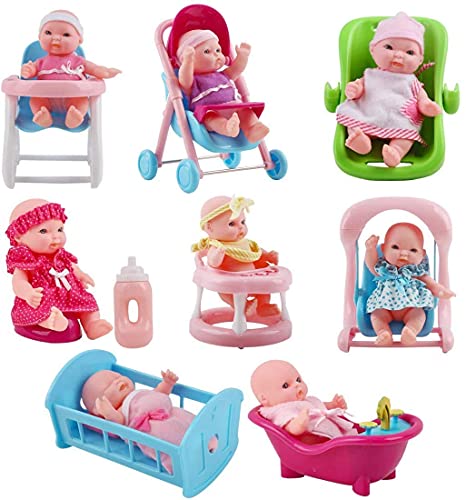 deAO Colección de Muñecas Bebé Tamaño Mini (13cm) y Accesorios Conjunto Incluye 8 Muñecas, Bañera, Trona, Carrito, Cuna, Andador y Más