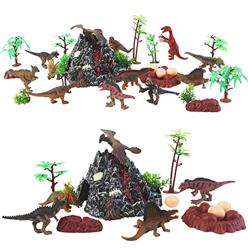 deAO Huevo Gigante con Figuras de Dinosaurios, Volcán con Función de Erupción y Accesorios Conjunto en Estuche Portátil Incluye 30 Piezas