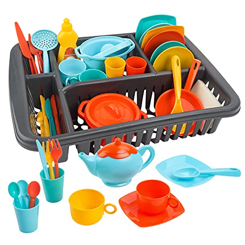 deAO Juego de Vajilla para Cocinitas de Juguete Conjunto de Escurridor con Esponja, Platos, Tazas Cubiertos, Cacerolas - Más de 40 Accesorios de Cocina Infantil de Juguete