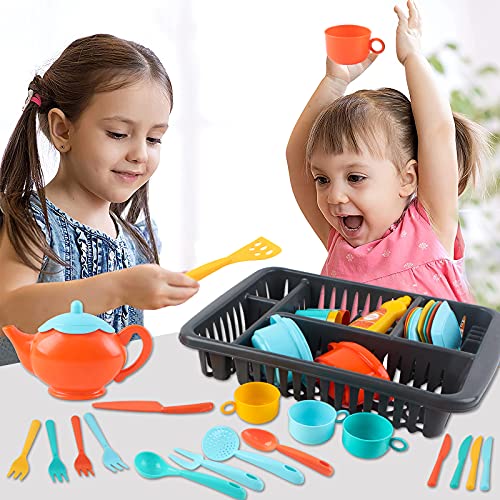 deAO Juego de Vajilla para Cocinitas de Juguete Conjunto de Escurridor con Esponja, Platos, Tazas Cubiertos, Cacerolas - Más de 40 Accesorios de Cocina Infantil de Juguete