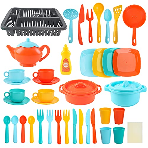 deAO Juego de Vajilla para Cocinitas de Juguete Conjunto de Escurridor con Esponja, Platos, Tazas Cubiertos, Cacerolas - Más de 40 Accesorios de Cocina Infantil de Juguete